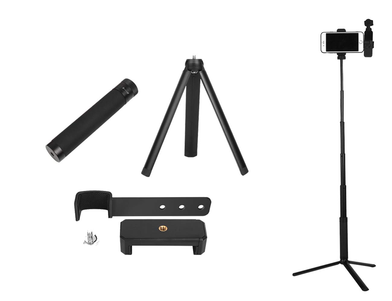 Tineer Smart Phone Stand Holder Bracket + Tripod Mount + Selfie Stick Extension Rod Set Accessories for DJI Osmo Pocket Handheld Gimbal Camera