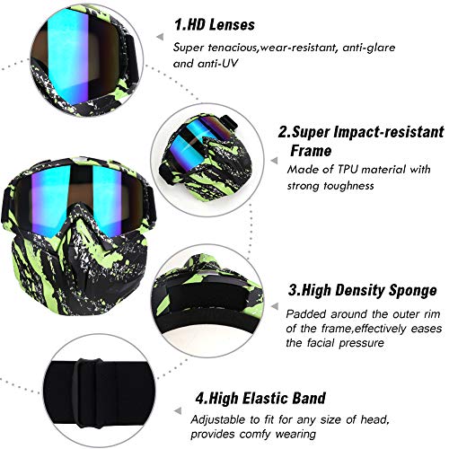PiscatorZone Motorcycle Goggles Mask, Tactical Glasses with Detachable Mask Adjustable Windproof Outdoor Paintball Airsoft Mask Face Shield for Kids Men Women