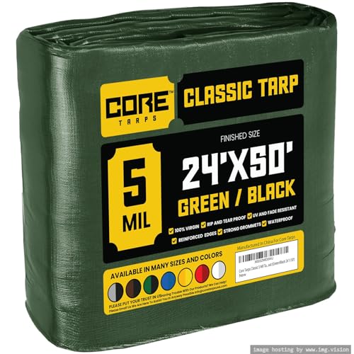 Core Tarps Abdeckplane Gewebeplane(105 g/m² |24′ X 50′ | 7.3m X 15.25m | Grün/Schwarz) 5 Mil PE Schutzplane mit Ösen, Mehrzweck Abdeckung für Holz Gar