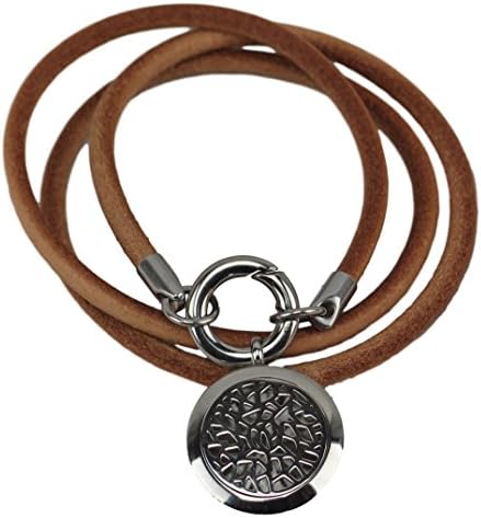 Genuine Leather Essential Oil Diffuser Necklace/Bracelet Wrap with Leakproof Locket - Hypoallergenic 316L Surgical Grade Stainless Steel 25mm Aromatherapy Jewelry 5 Reusable Pads, Microfiber Pouch)