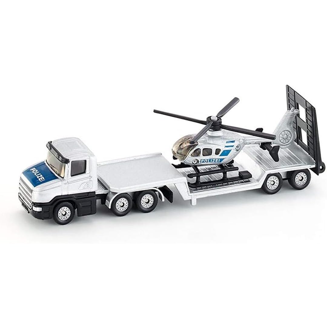 siku 1610, Police Low Loader with Helicopter, Metal,Plastic, Silver, Opening tailgate, Detachable trailer