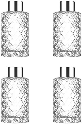 Lewondr Glass Diffuser Bottles, 4PCS 4.3" High 100ml 3.38fl oz Diffuser Bottles for Reed Diffuser Replacement Bottles with Diamond Texture for Aromatherapy, Clear + Silver Caps