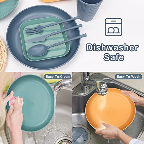 Wheat Straw Dinnerware Sets for 4, Kids Plates and Bowls Sets, Unbreakable Microwave Dishwasher Safe Tableware, Lightweight Reusable Kitchen Set Travel Camping RV Dishes