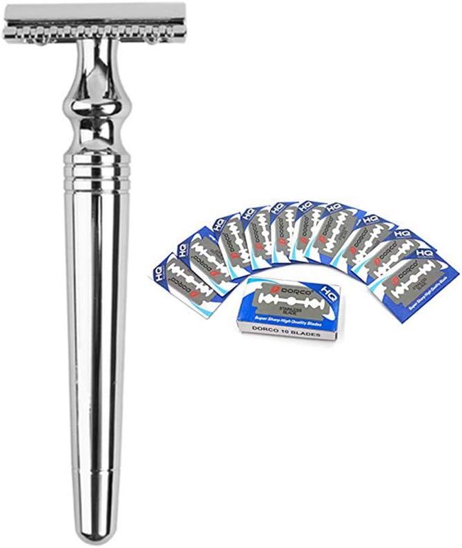Classic Double Edge Safety Razor Long Handle Men’s Manual Shaver 3-Piece Eco-Friendly Men’s Shaving Razor for Close Clean Shave、 Give your father the best gift、(1 Razor + 10 Stainless Blades)