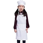 ALIPOBO Kids Apron and Chef Hat Set, Children's Adjustable Bib Apron with 2 Pockets. Cute Boys Girls Kitchen Apron for Cooking, Baking, Painting, Training Wear (6-12 Year, White)