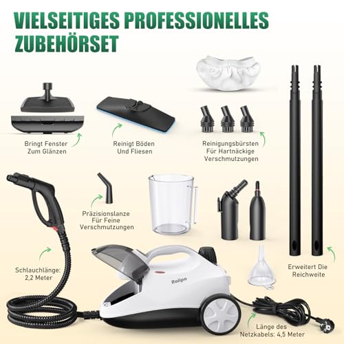 Rolipo Steam Cleaner 4 Bar Power 2000 W Max Tank 2 L Working Time 40 Minutes with Floor Cleaning Kit, Nozzles and Round Brush for Floors, Sofas, Upholstery and Cars