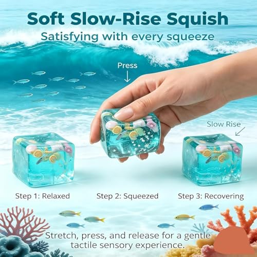 Ocean Seashell Squishies Ice Cube Squishy Stress Balls, Fidget Squishy Cube, Slow Rising Squishy, Soft Squeeze Stress Relief ﻿