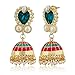 Moonstruck Traditional Indian Golden Minakari Jhumka Earrings With Green Stone And Pearls for Women