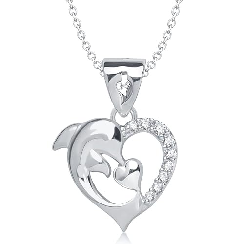 Vina Jewels Valentine Dolphin Heart Shape Rhodium plated Pendant - P1199R [VKP1199R] [Jewellery]
