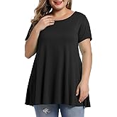 MONNURO Womens Plus Size Short Sleeve Swing Tunic Tops Casual Loose Fit Flare Basic T-Shirts