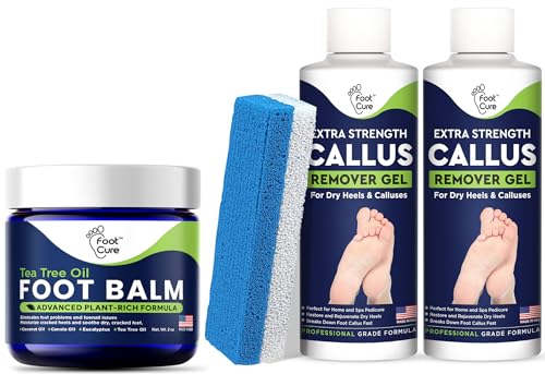 Callus Remover for Feet with Extra Strength Gel & Foot Pumice Stone Set - Easy Way to Remove Hard Calluses & Dead Skin & Tea Tree Oil Foot Balm/ Moisturizer For Dry Cracked Feet