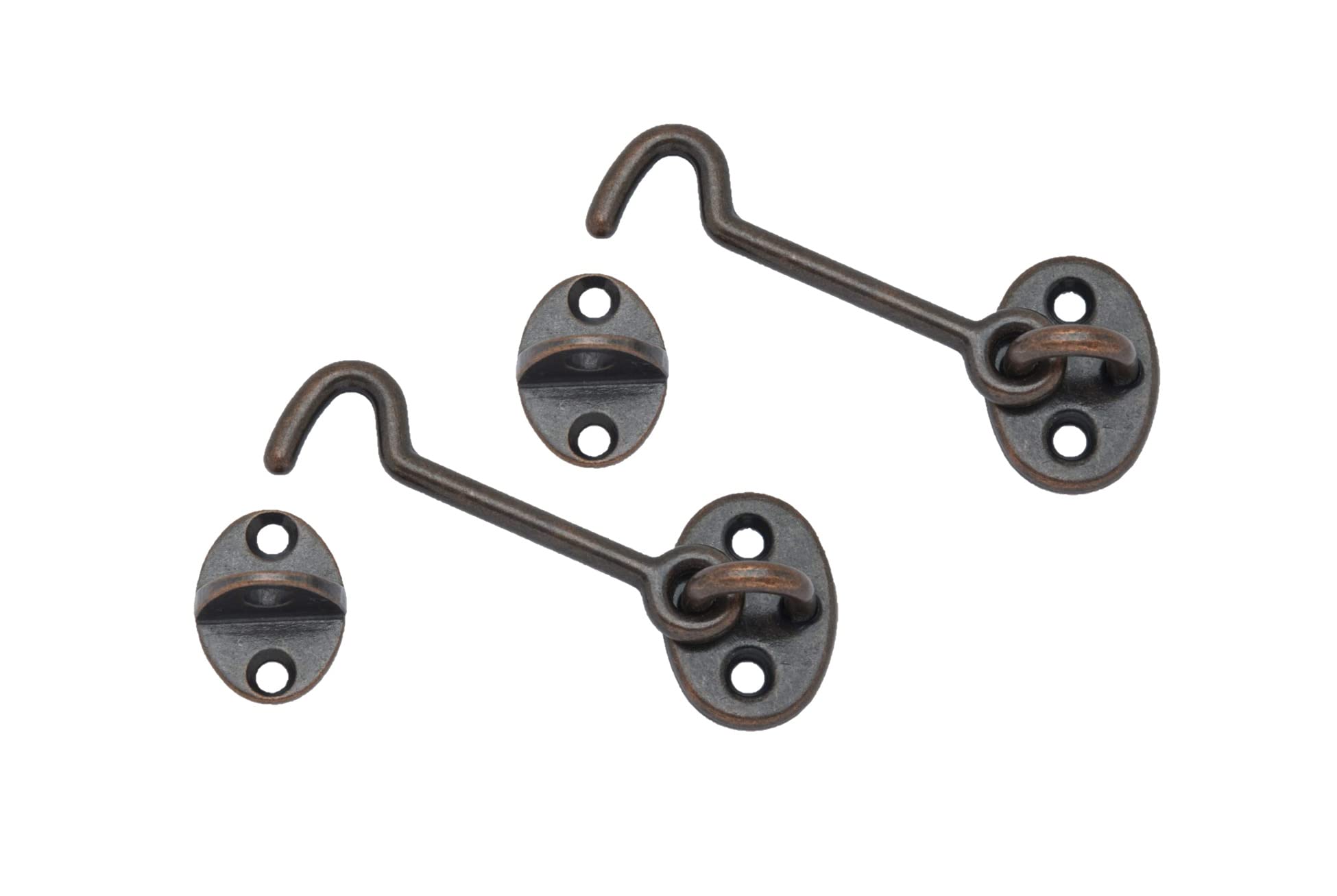 QCAA Forged Brass Cabin & Door Hook Latch & Eye, 3", Antique Copper, 2 Pack, Made in Taiwan