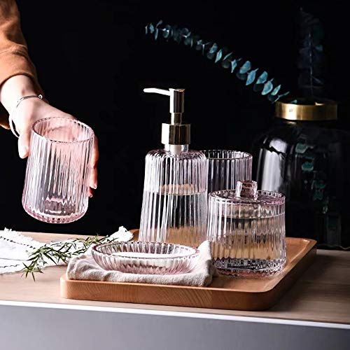 Longjet Bathroom Decor Glass Bathroom Accessories Set 5 Pcs Includes Soap Dispenser with Pump Soap Bar Dish Mason Jar Cotton Ball and Swab Qtip Holder Bathroom Tumbler Cup