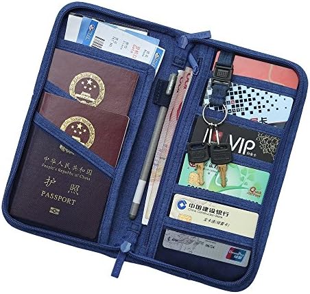 Haberi Travel Wallet &amp; Documents Organizer Zipper Case, Family Passports Holder for Card Cash Key Ticket and Phone (Blue)