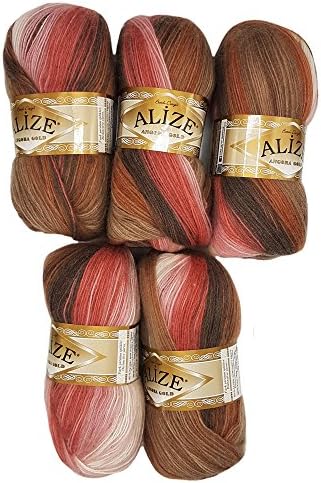 Angora gold wool 5 x 100 gram multicolored with color gradient, 500 grams (17,63 oz) knitting wool 3005 yds (2750 meters) (brown rose white 4339)