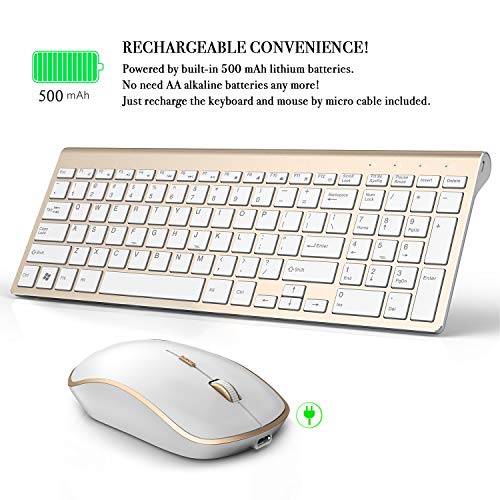 JOYACCESS Aluminum Wireless Keyboard and Mouse Combo,Slim Wireless Keyboard Mouse with Rechargeable Battery and Numeric Keypad for Laptop,Windows,Notebook, PC, Desktop, Computer-White and Gold - Thumbnail 2