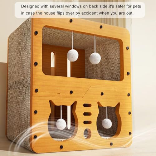 Orchid M® 3 Floor Cat Scratcher Cardboard House,Indoor Cardboard Lounge Bed- Large Cat Scratcher Bed with 4 Hanging Toys,Easy Assemble Durable Board Entertain Prevent Furniture Damage