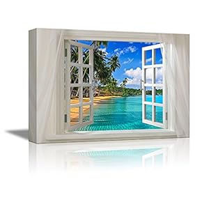 Glimpse into Beautiful Tropical Beach with Palm Trees Out of Open Window - Canvas Art Wall Art - 24" x 36"