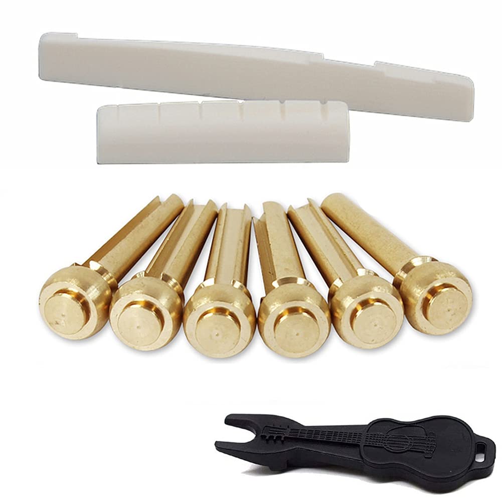 Alnicov Acoustic Guitar String End Bone Bridge Saddle & Nut and 6 Brass Guitar Bridge Pins with Pins puller for 6 String Acoustic Guitar
