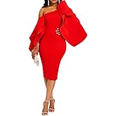 VERWIN Bodycon Dress for Woman Long Sleeve Knee-Length Ruffle Sleeve Off Shoulder Evening Dress