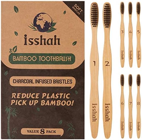 Isshah Biodegradable Organic Charcoal Infused BPA Free Bristles Natural Bamboo Toothbrush, Pack of 8 (Soft Bristles)