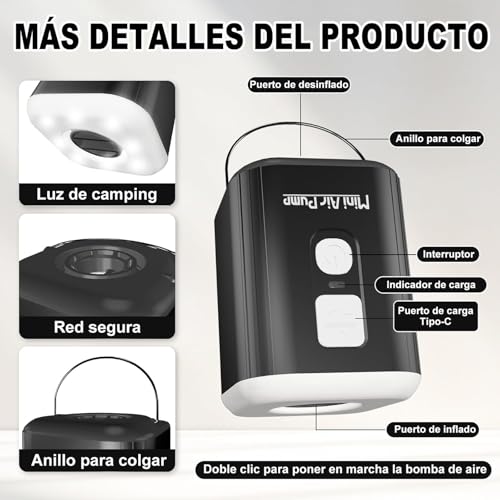 Ultra Mini Bomba De Aire Eléctrica, Bombas Aire Eléctricas Portátiles, Mini Bomba De Aire con 3 Modos Luz de Camping, 5 Boquillas, Inflador y Desinflador, Inflar Colchon Juguetes Inflables y Alberca