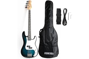 Demusea DPB-30 Full Size 4 Strings Electric Bass Guitar Beginner Starter Practic with gig bag and strap (Blueburst)