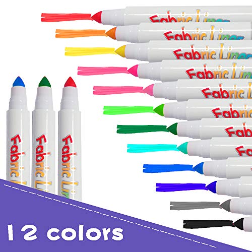 Fabric Markers,Happlee Fabric Paint Pens Permanent 12 Colors for T-Shirts Clothes with 2 Stencils Set and 1 Roll Invisible Tape