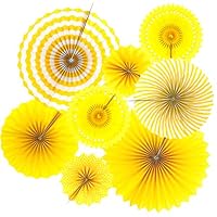 Benvo Party Hanging Fans Yellow Round Dot Stripes Tissue Paper Flower Fan Party Decorations for Birthday Wedding Bridal Showers Baby Showers Graduation Events Party Accessories, Set of 8