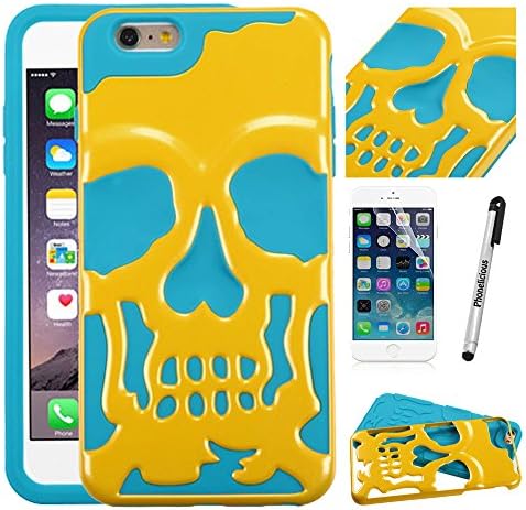 iPHONE 6 Case, Phonelicious APPLE iPHONE 6s [Lightweight] Dual Layer Durable Hybrid [Drop Protection][Shockproof] Phone Cover + Screen Protector & Stylus (TEAL/PEARL YELLOW SKULL CAP)