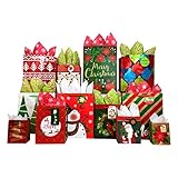 Set of Christmas Gift Bags and Tissue Paper (12 Bags + Tissue, Traditional Holiday)