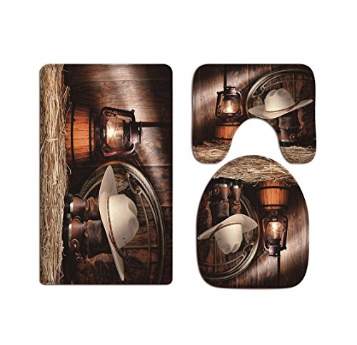 A.Monamour Vintage Horse Stable Lights Cowboy Hats Boots Accessory Print Soft Flannel Cloth Washable Toilet Seat Covers Toilet Lid Covers Cushions Pads Skidproof Bath Mat Rug for Toilet Accessories