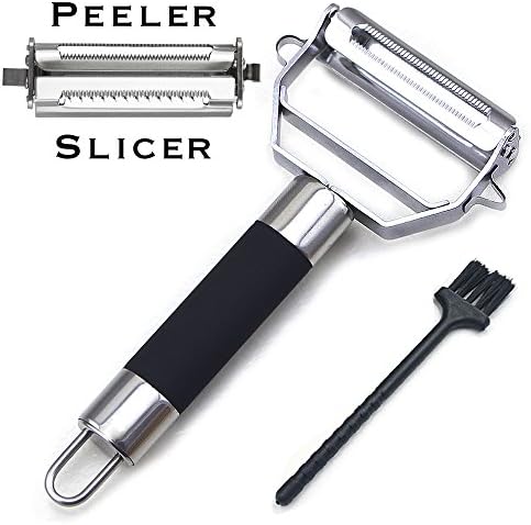 Dual Julienne Slicer &amp; Vegetable Peeler, SUNUNICO Ultra Sharp Stainless Steel Dual Blades Potato Peeler with Cleaning Brush for Carrot, Cucumber, Zucchini Noodles