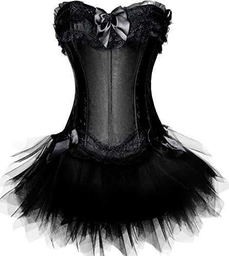 DarlingLove Women's Satin Corset Bodysuit Layered Bridal Lingerie Tutu Costumes Black M