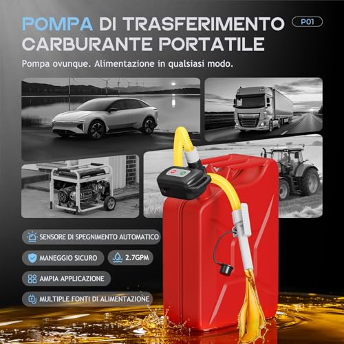 Pompa di trasferimento carburante portatile con sensore di auto-arresto, pompa diesel elettrica 12 L/min con batteria e cavo, pompa olio ricaricabile per taniche, serbatoi di carburante, tosaerba, ATV