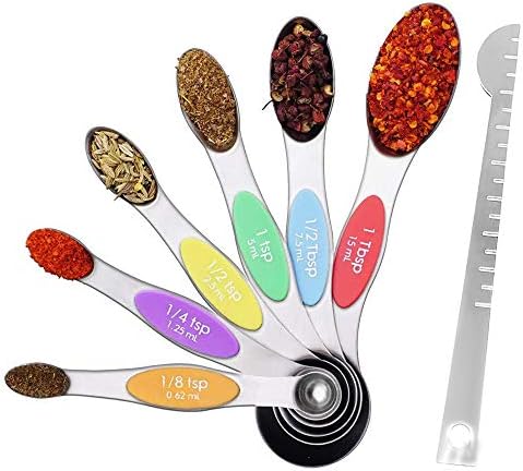 JOYORUN Magnetic Measuring Spoons Set Stainless Steel Stackable for Measuring Dry and Liquid Ingredients Set of 7 (with Bonus Leveler)