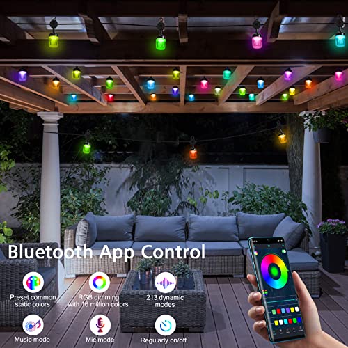 Color Outdoor String Lights,49FT Patio Lights, Warm White,Multi-Color,RGBW Smart String Lights,15 LED Dimmable Shockproof Bulbs,APP Control,IP65 Waterproof,210view Mode,Yard,Garden,Christmas Party