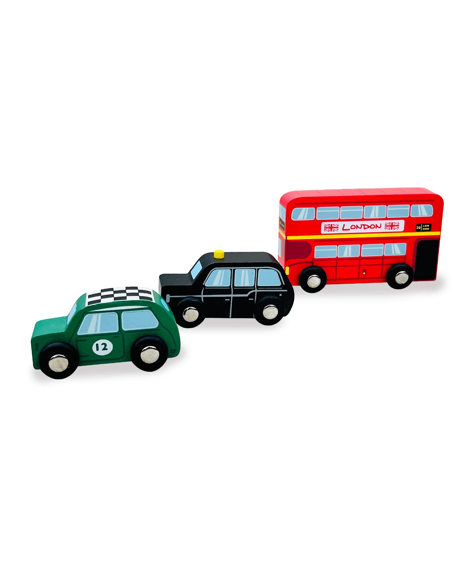 Indigo Jamm British Classics, 3 Wooden Toy Vehicles Set with Iconic London Bus, Taxi and Racing Car