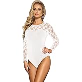 ohyeah Women Plus Size Floral Lace Long Sleeve Bodysuit Crew Neck Basic Bodysuit Top
