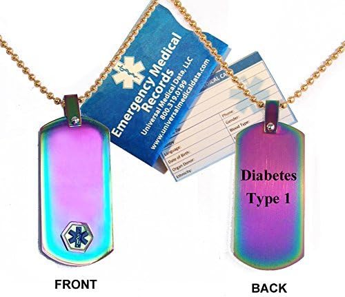 Pre-engraved Diabetes Type 1 Medical Alert Identification Anodized Titanium Dog Tag by Universal Medical Data