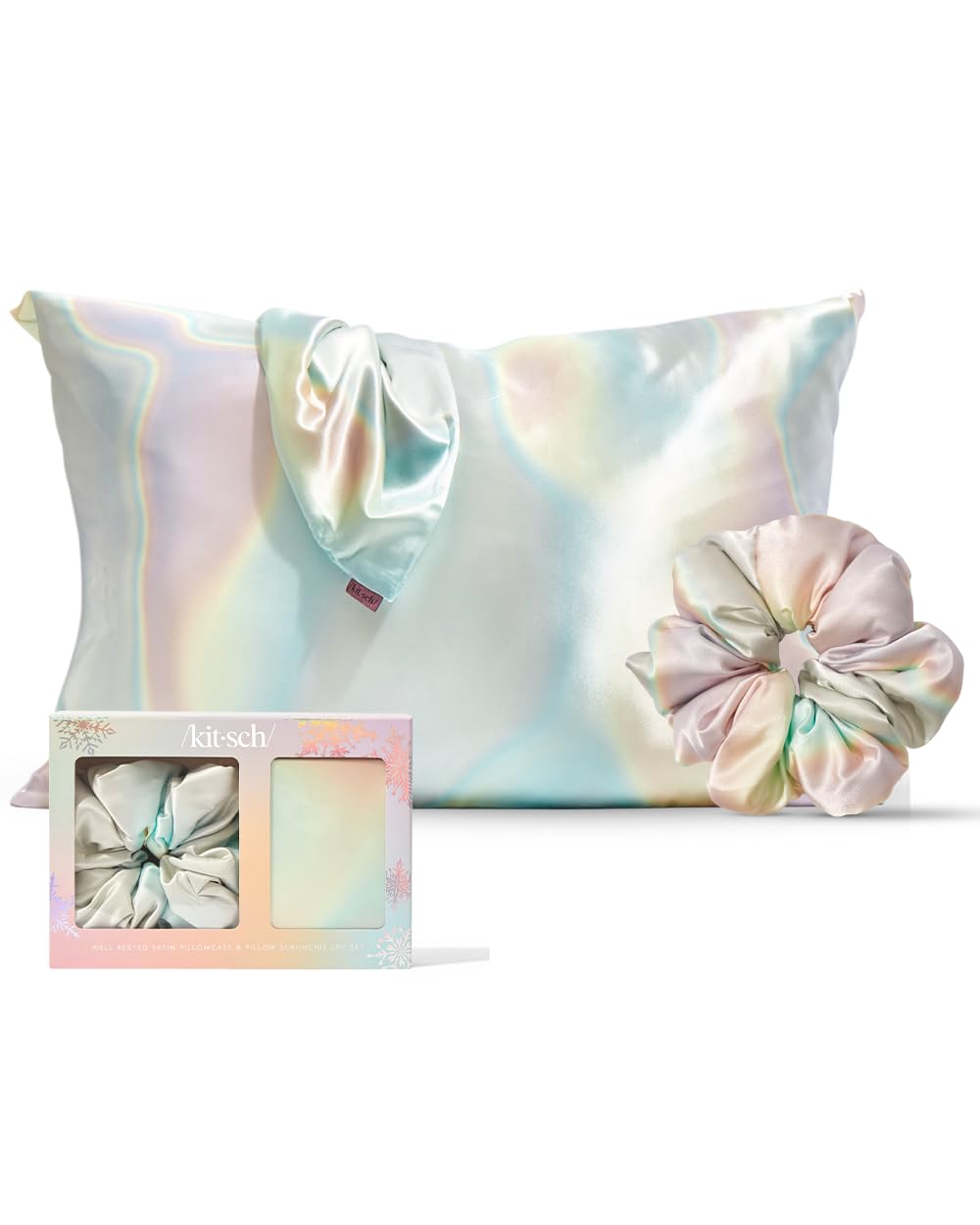 Kitsch Satin Pillowcase with Zipper for Hair & Skin - Softer Than Silk, Machine Washable, Wrinkle-Free - Queen/Standard (19x26) with Satin Scrunchie No-Damage Silk Hair Tie, Valentines Gift - Aura