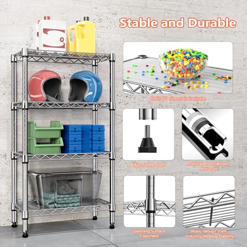 M MZG 4 Tier Metal Shelving Unit, Load Capacity 454 kg, Adjustable Shelves for Garage, Storage, Laundry and Kitchen, Studio, Chrome, 30 x 55 x 100 cm