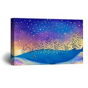 Hand Drawing Style Mystical Starry Night Above The Blue Whale with Flowers Gallery 12x18 inches