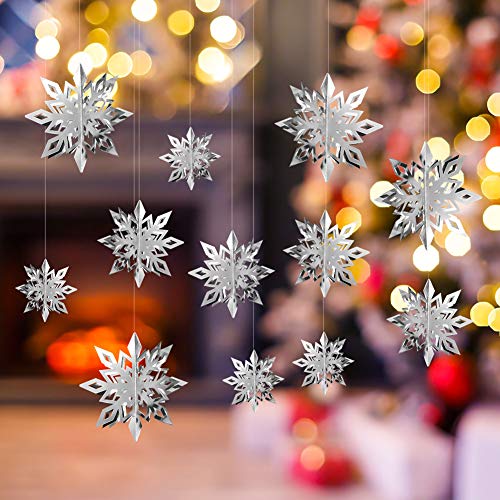 JOLLYSTYLE 12PCS Christmas Snowflake Hanging Decorations - Holiday/New Year/Winter Wonderland Party Supplies Favors 3D Glitter Large White Snowflakes