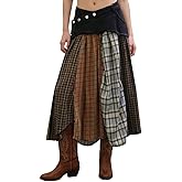 Women High Waisted Plaid Midi Skirts Patchwork Long Jeans Skirts