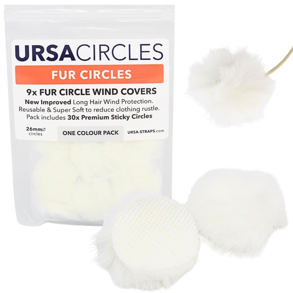 URSA Fur Circles - Mini Windshields for Lavalier/Lapel Microphones. Reduce Wind Noise & Clothing Rustle. Compatible with Sennheiser, RODE, Sanken, Tascam & More (9x Circles + 30x Stickies, White) — image 1