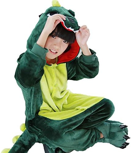Hot pink &amp; green dinosaur Kids Pajamas Kigurumi Cosplay Animal Costume Onesie Sleepwear for Halloween (S, Green)