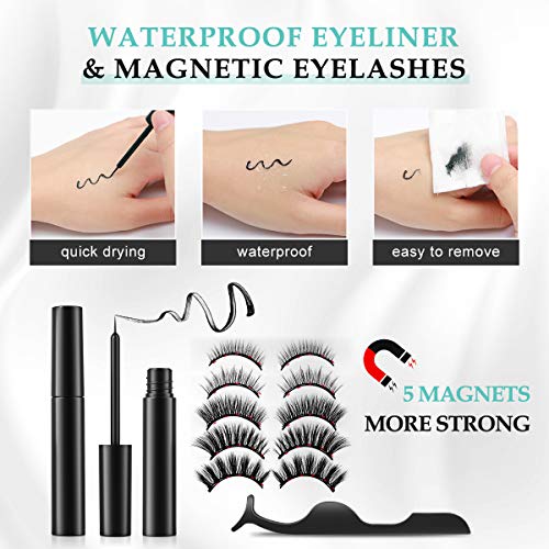Magnetische Wimpern, Magnetischer Eyeliner und Wimpern-Kit, Falsche Wimpern-Kit, Wiederverwendbarer Magnetwimpern ohne Kleber Natürliches Aussehen mit Pinzette, wasserdicht und langlebig, 5 Paare