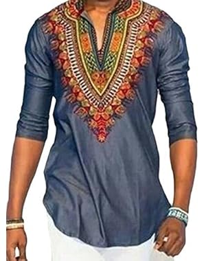 Men's Floral Printed 3/4 Sleeve African Dashiki V Neck Tees Top