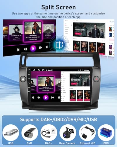 NHOPEEW 2G+64G Android Car Radio for Citroen C4 2004-2009/C-QUATRE 2008-2011 - Wireless Carplay and Android Auto - 9 Inch Carplay Car Radio with WiFi, Equalizer, GPS, FM, RDS + AHD Rear View Camera